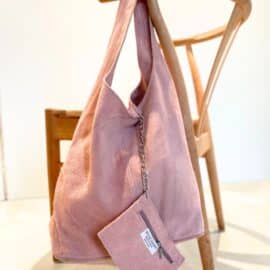 Mulepose i ruskind med lille pung i kæde i farven rosa